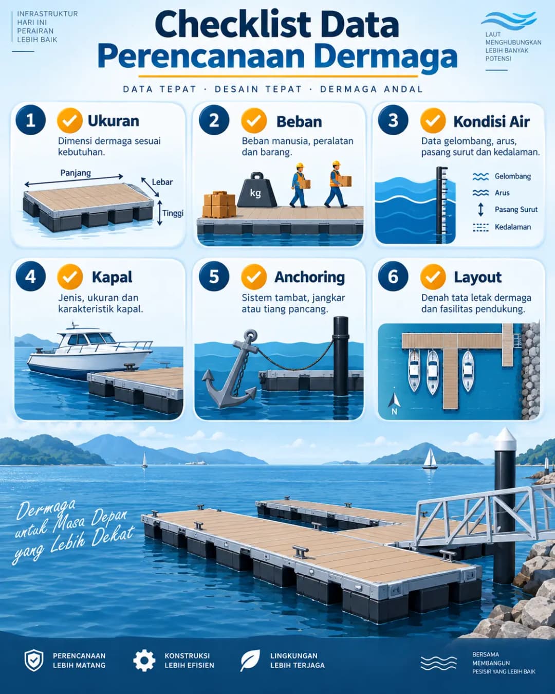 gambar ilustrasi checklist data perencanaan dermaga: ukuran, beban, kondisi air, kapal, anchoring dan layout