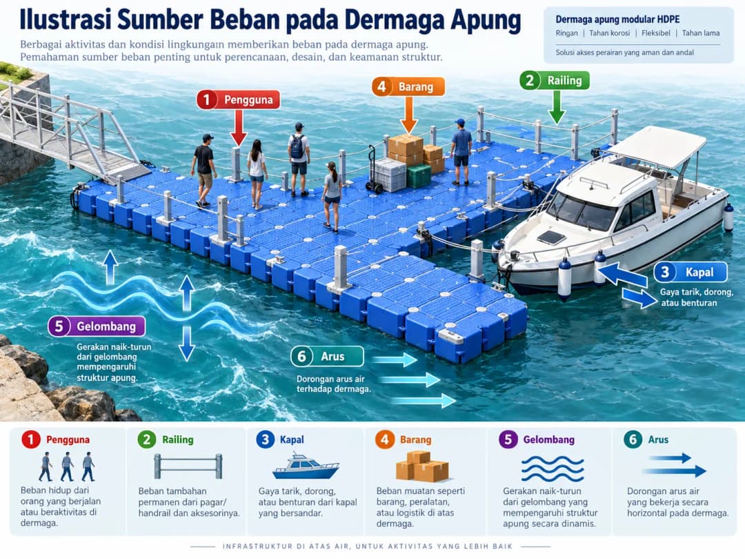 gambar ilustrasi sumber beban pada dermaga apung: pengguna, railing, kapal, barang, gelombang dan arus