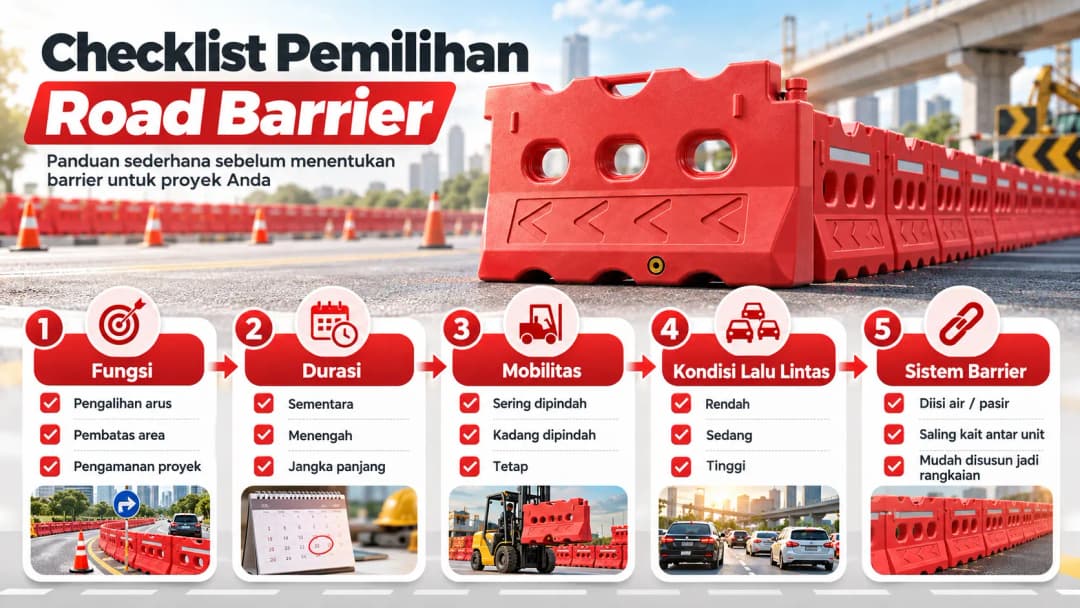 checklist visual pemilihan road barrier berdasarkan Fungsi → Durasi → Mobilitas → Kondisi Lalu Lintas → Sistem Barrier