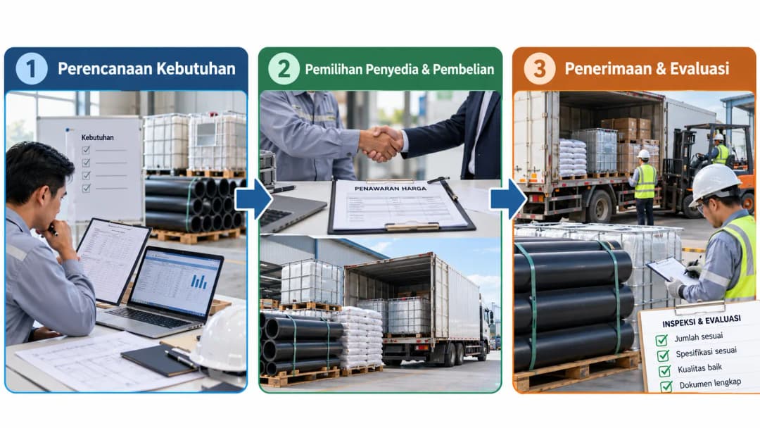 Diagram alur horizontal tiga fase pengadaan barang: Perencanaan Kebutuhan → Pemilihan Penyedia & Pembelian → Penerimaan & Evaluasi. Gunakan ilustrasi realistis seperti dokumen kebutuhan, produk industri, truk pengiriman, dan pemeriksaan barang.