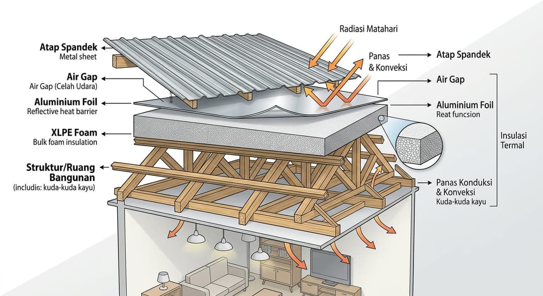 diagram potongan Atap Spandek → Air Gap → Aluminium Foil → XLPE Foam → Struktur/Ruang Bangunan