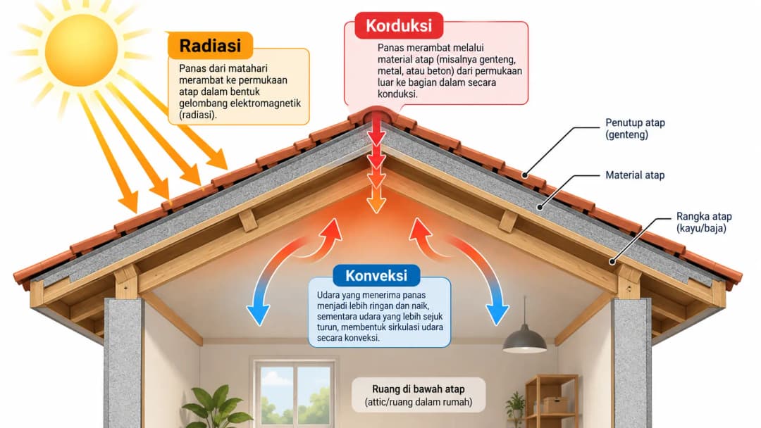 diagram sederhana tiga mekanisme panas pada atap — radiasi, konduksi dan konveksi
