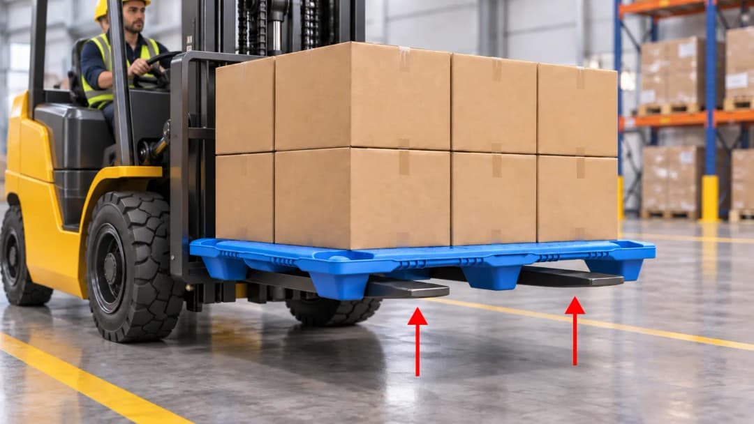 Forklift sedang mengangkat pallet dengan panah yang menunjukkan titik tumpuan pada fork