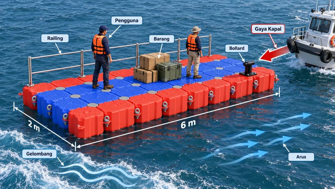 gambar platform 6 × 2 meter dengan grid Kubus Apung, dilengkapi panah yang menunjukkan railing, pengguna, barang, bollard, gelombang, arus, dan gaya kapal, semirip mungkin