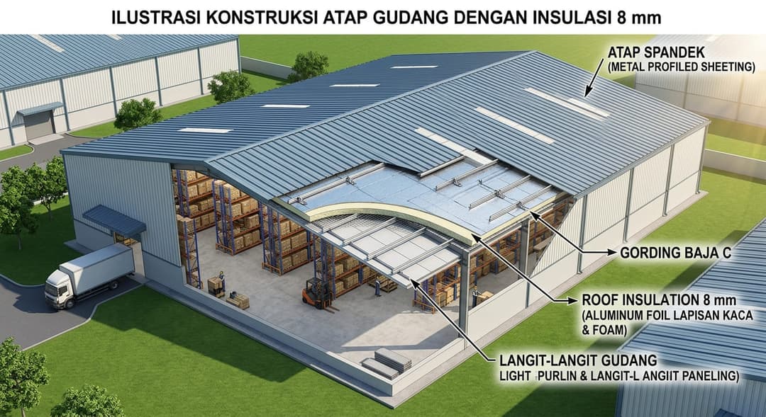 ilustrasi gudang dengan atap spandek dan lapisan Roof Insulation 8 mm di bawah atap