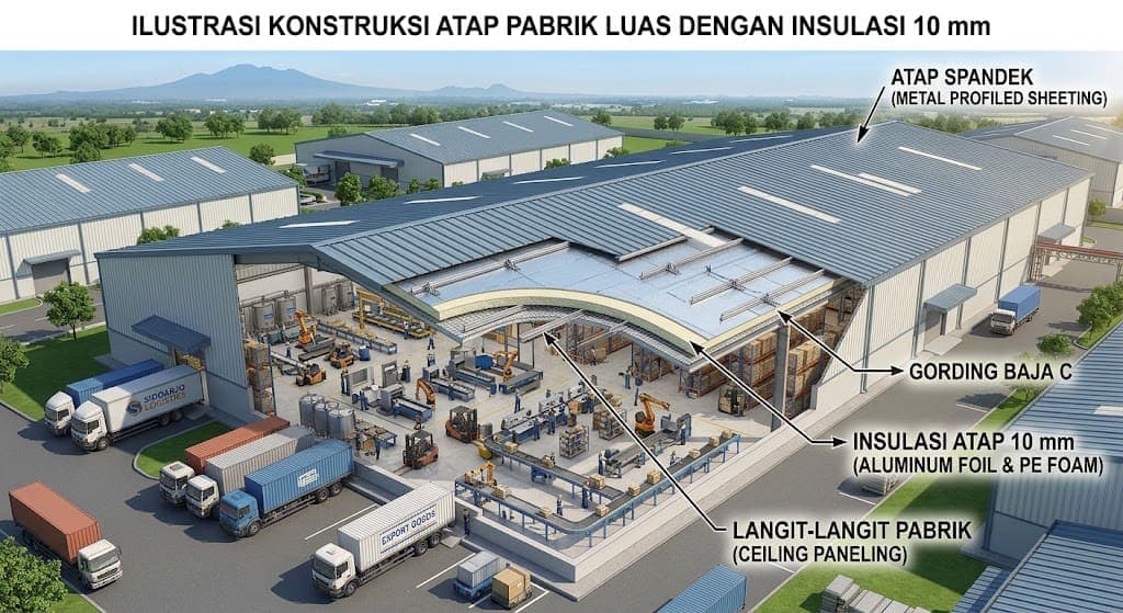 ilustrasi pabrik dengan atap metal luas dan Roof Insulation 10 mm di bawah konstruksi atap