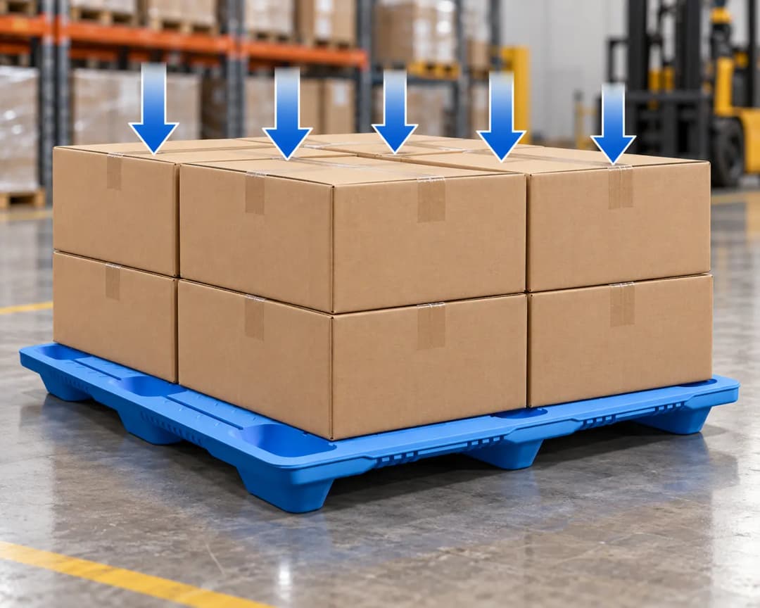 pallet HDPE berada di lantai gudang dengan beberapa karton di atasnya