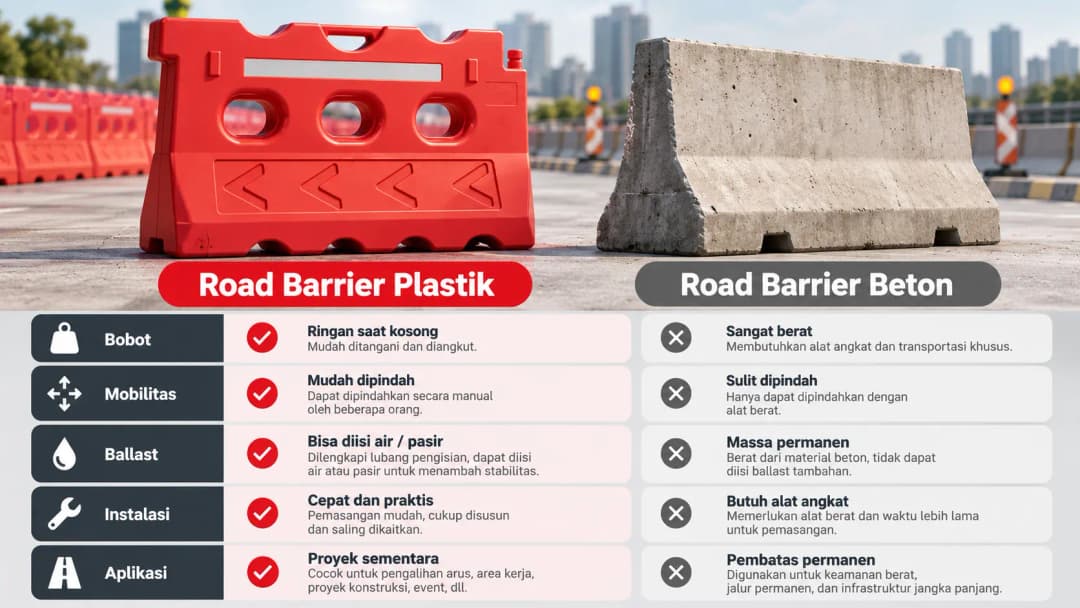road barrier plastik dan beton berdampingan dengan indikator Bobot, Mobilitas, Ballast, Instalasi, dan Aplikasi